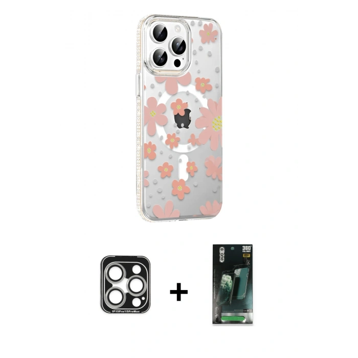 MARSİLYAN™- iPhone 15 Pro Max Kılıf Yörünge Işık Prime - Şeffaf 360 Full Body Arka Koruyucu + Gümüş PVD Metal Kamera Lens