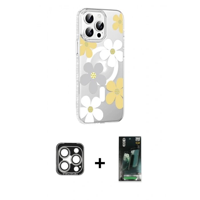 MARSİLYAN™- iPhone 15 Pro Max Kılıf Yörünge Işık Prime - Şeffaf 360 Full Body Arka Koruyucu + Gümüş PVD Metal Kamera Lens