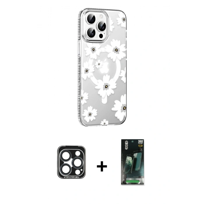 MARSİLYAN™- iPhone 15 Pro Max Kılıf Yörünge Işık Prime - Şeffaf 360 Full Body Arka Koruyucu + PVD Metal Kamera Lens - LT
