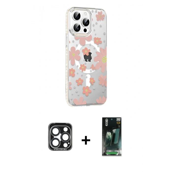 MARSİLYAN™- iPhone 15 Pro Max Kılıf Yörünge Işık Prime - Şeffaf 360 Full Body Arka Koruyucu + PVD Metal Kamera Lens - LT