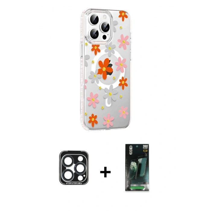 MARSİLYAN™- iPhone 15 Pro Max Kılıf Yörünge Işık Prime - Şeffaf 360 Full Body Arka Koruyucu + PVD Metal Kamera Lens - LT