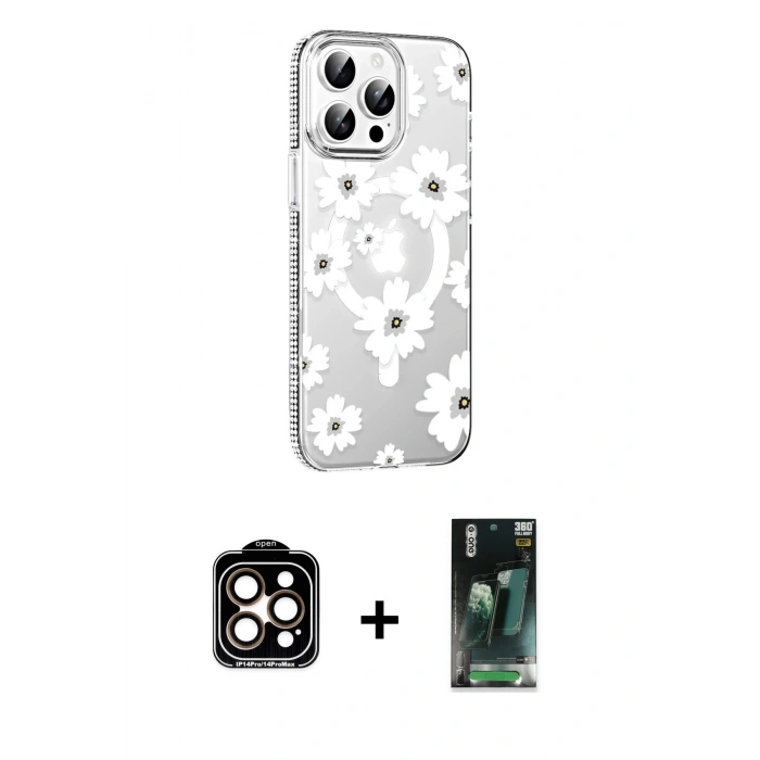 MARSİLYAN™- iPhone 15 Pro Max Kılıf Yörünge Işık Prime - Şeffaf 360 Full Body Arka Koruyucu + PVD Metal Kamera Lens - TU