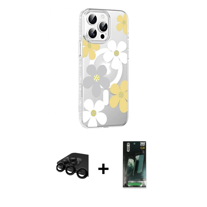 MARSİLYAN™- iPhone 15 Pro Max Kılıf Yörünge Işık Prime - Şeffaf 360 Full Body Arka Koruyucu + Raze Metal Kamera Lens - SH