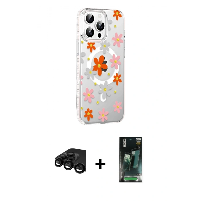 MARSİLYAN™- iPhone 15 Pro Max Kılıf Yörünge Işık Prime - Şeffaf 360 Full Body Arka Koruyucu + Raze Metal Kamera Lens - SH