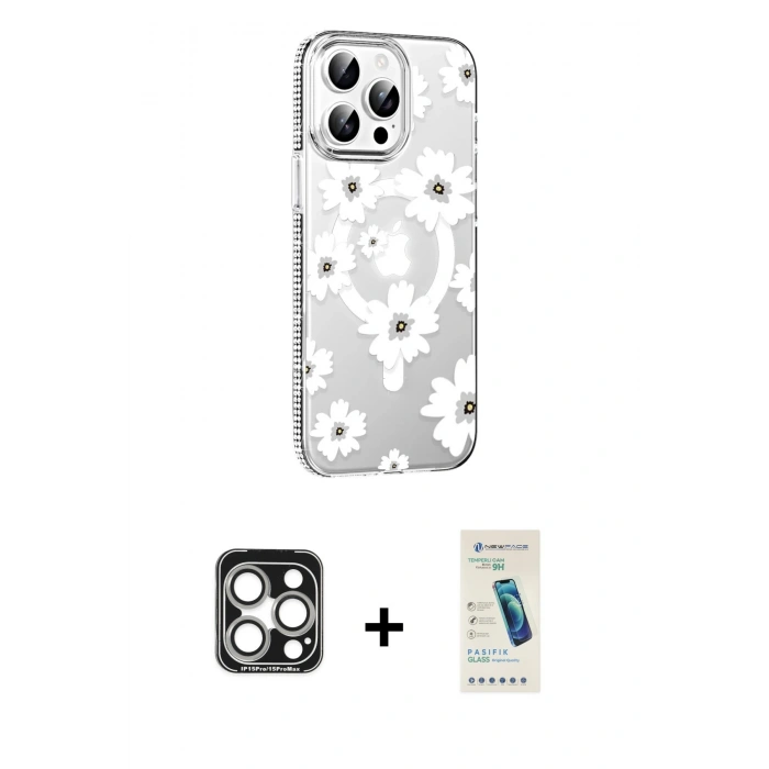 MARSİLYAN™- iPhone 15 Pro Max Kılıf Yörünge Işık Prime - Şeffaf Pasifik Cam Ekran Koruyucu + PVD Metal Kamera Lens - GS