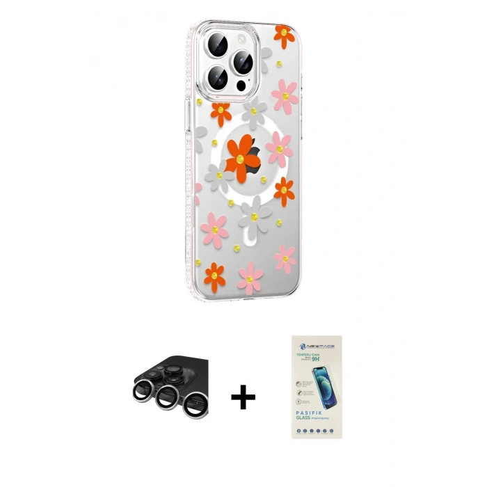 MARSİLYAN™- iPhone 15 Pro Max Kılıf Yörünge Işık Prime - Şeffaf Pasifik Cam Ekran Koruyucu + Raze Metal Kamera Lens - GS