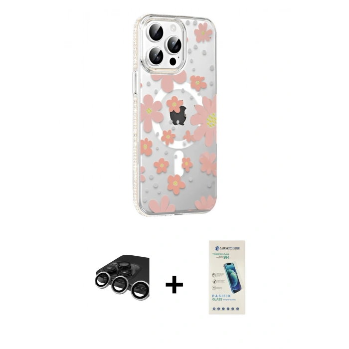 MARSİLYAN™- iPhone 15 Pro Max Kılıf Yörünge Işık Prime - Şeffaf Pasifik Cam Ekran Koruyucu + Raze Metal Kamera Lens - GS