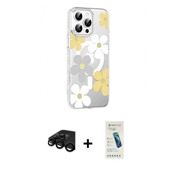 MARSİLYAN™- iPhone 15 Pro Max Kılıf Yörünge Işık Prime - Şeffaf Pasifik Cam Ekran Koruyucu + Raze Metal Kamera Lens - SH
