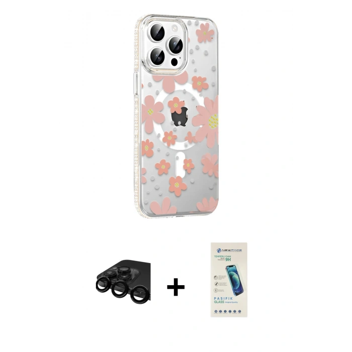 MARSİLYAN™- iPhone 15 Pro Max Kılıf Yörünge Işık Prime - Şeffaf Pasifik Cam Ekran Koruyucu + Raze Metal Kamera Lens - SH