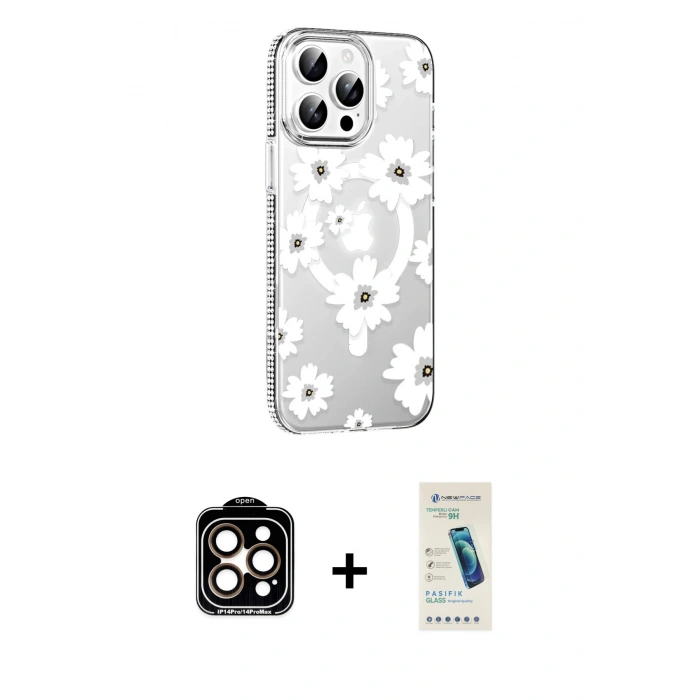 MARSİLYAN™- iPhone 15 Pro Max Kılıf Yörünge Işık Prime - Şeffaf Pasifik Cam Ekran Koruyucu + Turuncu PVD Metal Kamera Lens