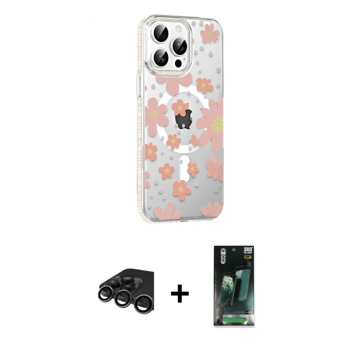 MARSİLYAN™- iPhone 15 Pro Max Kılıf Yörünge Işık Prime - Siyah 360 Mat Full Body Arka Koruyucu + Raze Metal Kamera Lens - TMGI