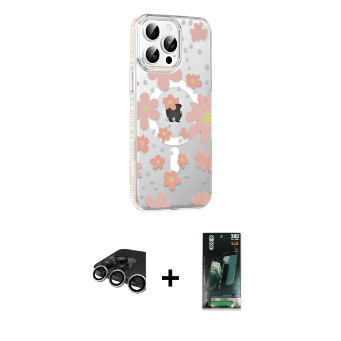 MARSİLYAN™- iPhone 15 Pro Max Kılıf Yörünge Işık Prime - Siyah 360 Mat Full Body Arka Koruyucu + Raze Metal Kamera Lens - GS