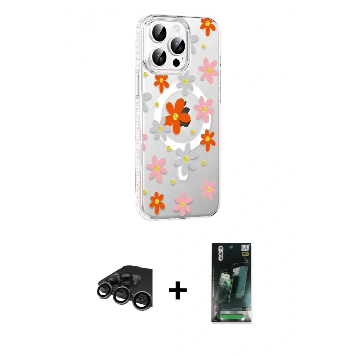 MARSİLYAN™- iPhone 15 Pro Max Kılıf Yörünge Işık Prime - Siyah 360 Mat Full Body Arka Koruyucu + Raze Metal Kamera Lens - TMGI