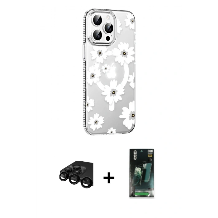 MARSİLYAN™- iPhone 15 Pro Max Kılıf Yörünge Işık Prime - Siyah 360 Mat Full Body Arka Koruyucu + Raze Metal Kamera Lens - SH