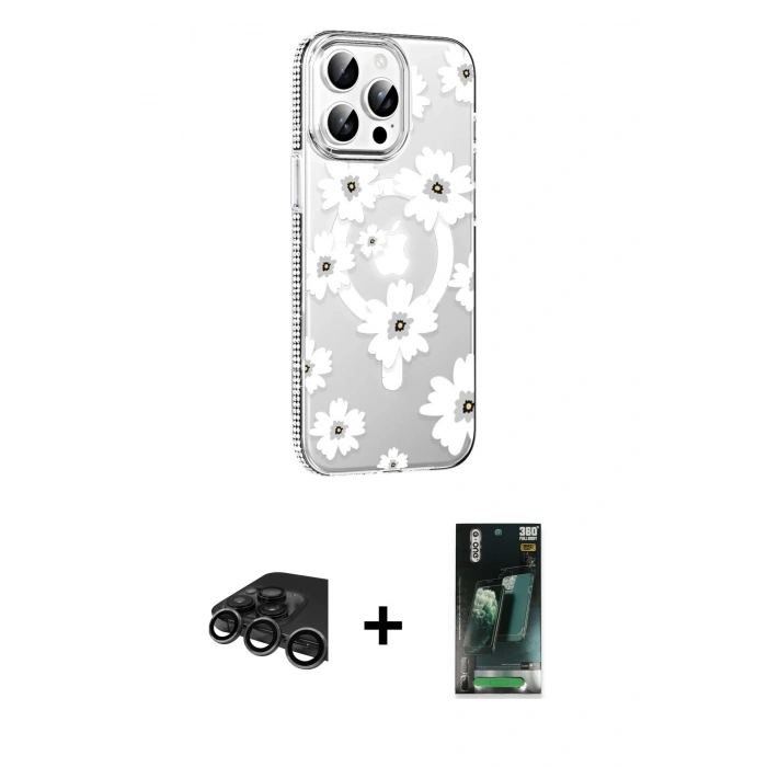MARSİLYAN™- iPhone 15 Pro Max Kılıf Yörünge Işık Prime - Siyah 360 Mat Full Body Arka Koruyucu + Raze Metal Kamera Lens - TMGI