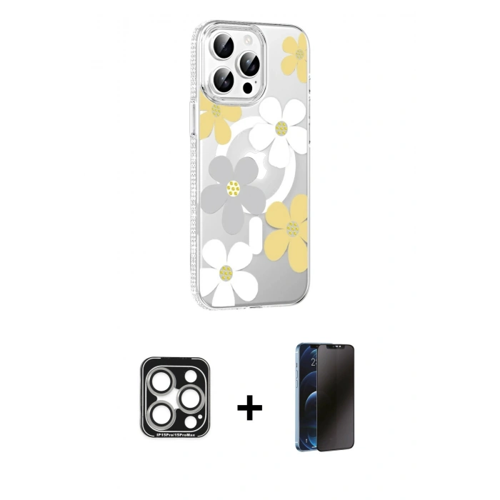 MARSİLYAN™- iPhone 15 Pro Max Kılıf Yörünge Işık Prime - Siyah 3D Antistatik Hayalet Cam Ekran Koruyucu + Gümüş PVD Metal Kamera Lens
