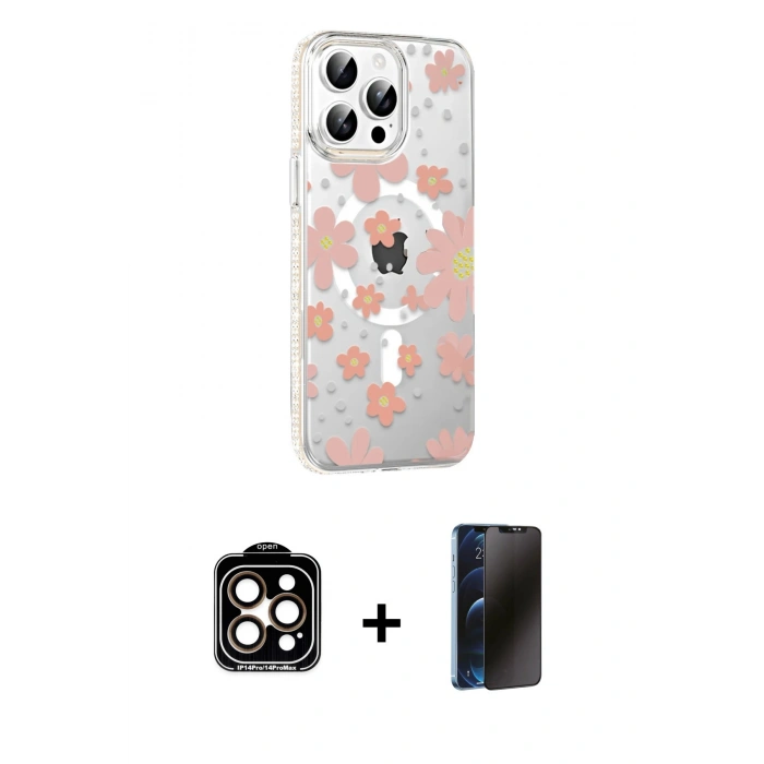 MARSİLYAN™- iPhone 15 Pro Max Kılıf Yörünge Işık Prime - Siyah 3D Antistatik Hayalet Cam Ekran Koruyucu + PVD Metal Kamera Lens - TU