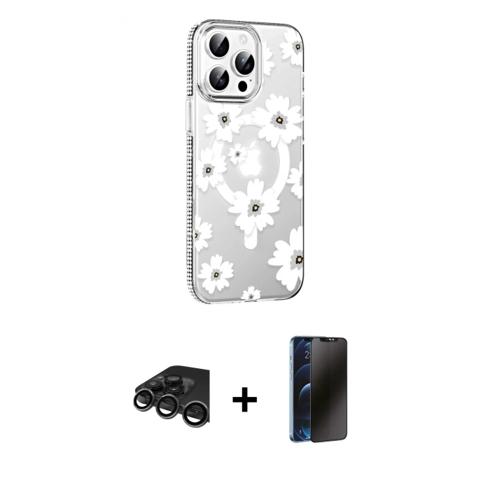 MARSİLYAN™- iPhone 15 Pro Max Kılıf Yörünge Işık Prime - Siyah 3D Antistatik Hayalet Cam Ekran Koruyucu + Raze Metal Kamera Lens - TMGI