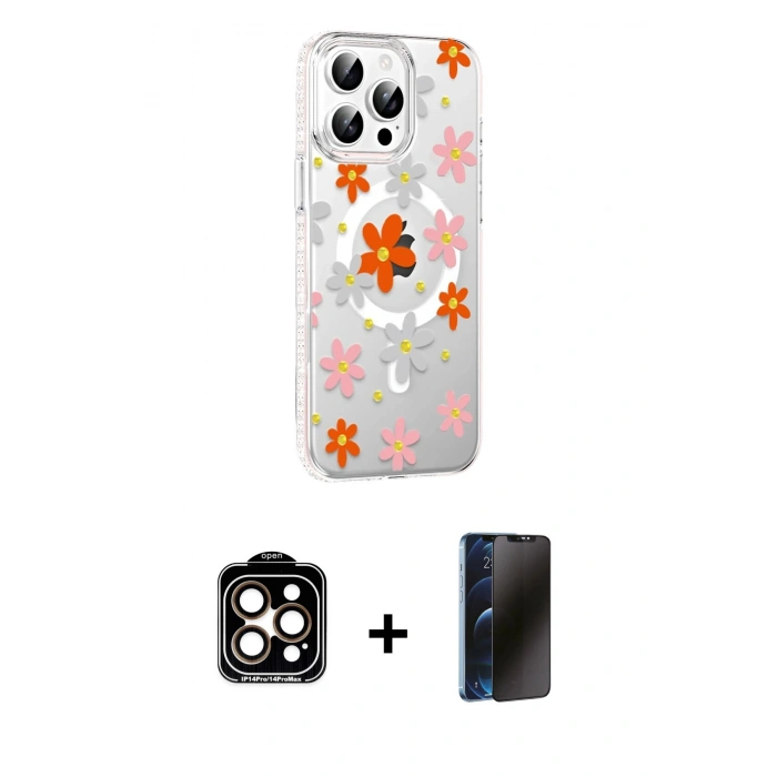 MARSİLYAN™- iPhone 15 Pro Max Kılıf Yörünge Işık Prime - Siyah 3D Antistatik Hayalet Cam Ekran Koruyucu + PVD Metal Kamera Lens - TU