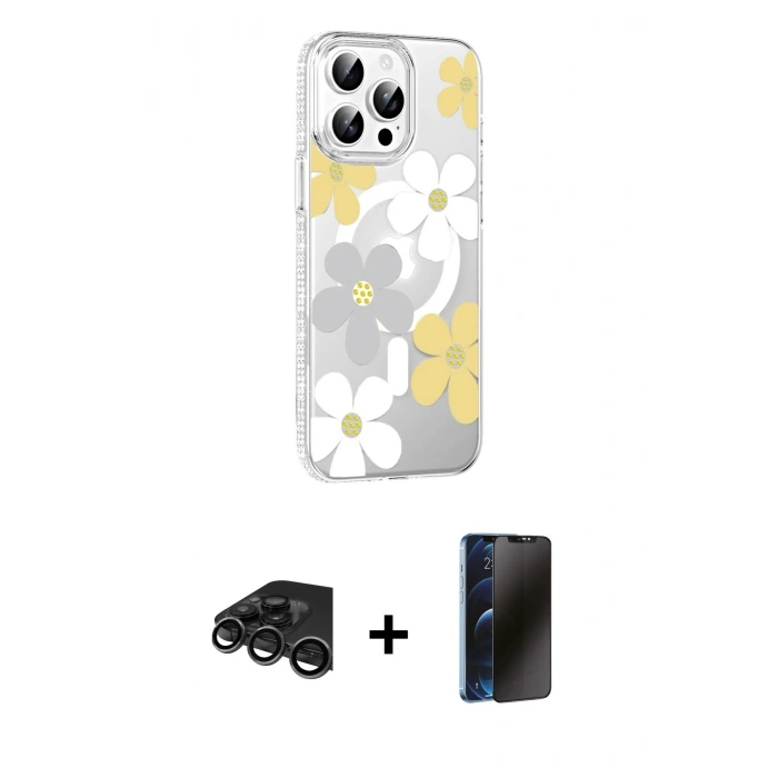 MARSİLYAN™- iPhone 15 Pro Max Kılıf Yörünge Işık Prime - Siyah 3D Antistatik Hayalet Cam Ekran Koruyucu + Raze Metal Kamera Lens - TMGI