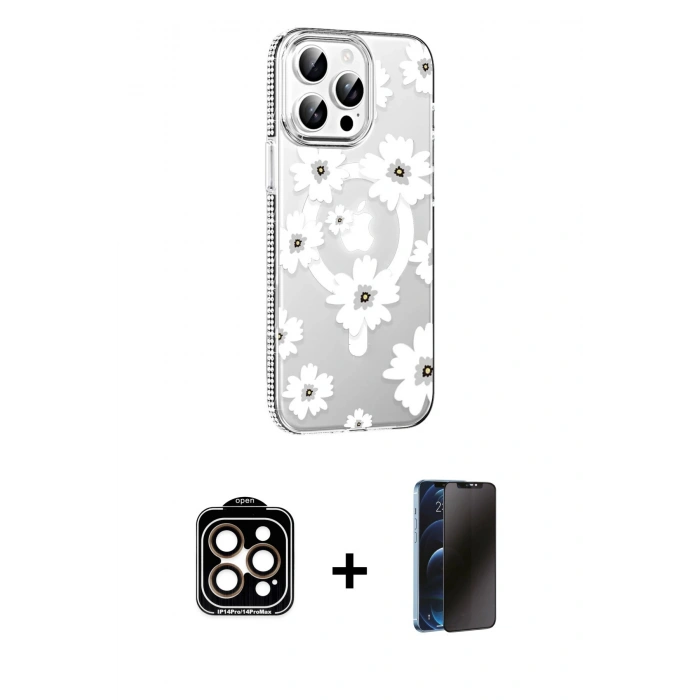 MARSİLYAN™- iPhone 15 Pro Max Kılıf Yörünge Işık Prime - Siyah 3D Antistatik Hayalet Cam Ekran Koruyucu + PVD Metal Kamera Lens - TU