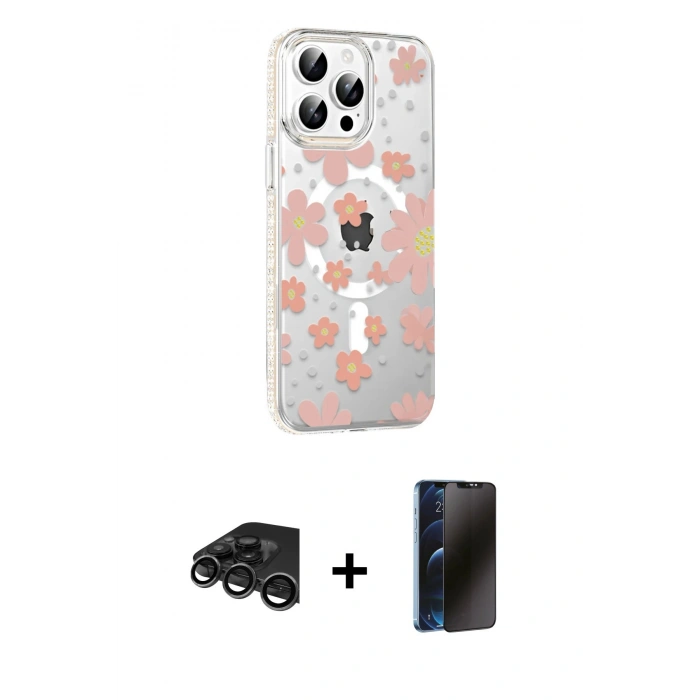 MARSİLYAN™- iPhone 15 Pro Max Kılıf Yörünge Işık Prime - Siyah 3D Antistatik Hayalet Cam Ekran Koruyucu + Raze Metal Kamera Lens - TMGI