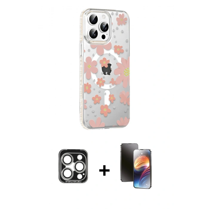 MARSİLYAN™- iPhone 15 Pro Max Kılıf Yörünge Işık Prime - Siyah 3D Antistatik Mat Seramik Nano Ekran Koruyucu + PVD Metal Kamera Lens - GS