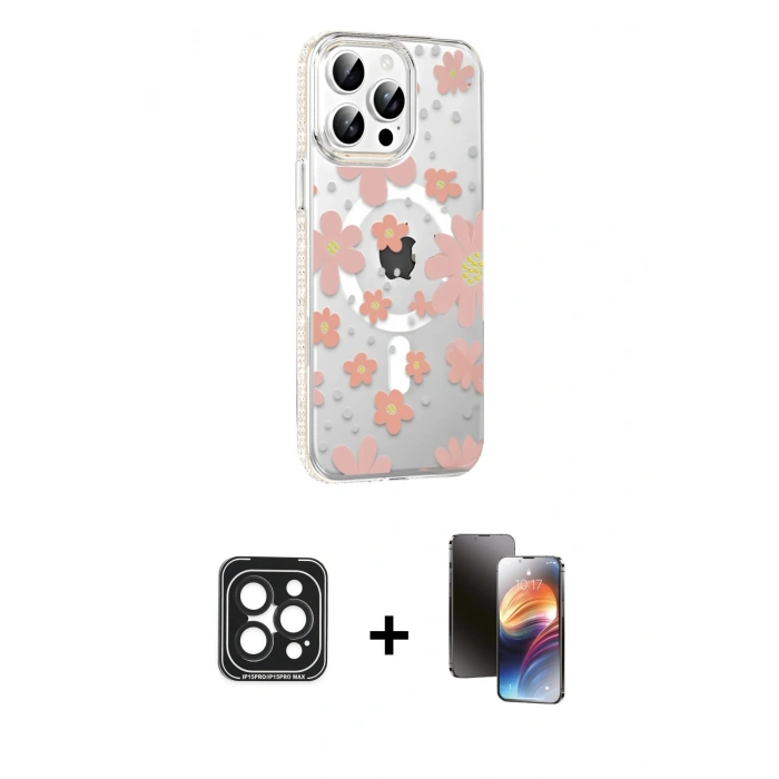 MARSİLYAN™- iPhone 15 Pro Max Kılıf Yörünge Işık Prime - Siyah 3D Antistatik Mat Seramik Nano Ekran Koruyucu + PVD Metal Kamera Lens - SH