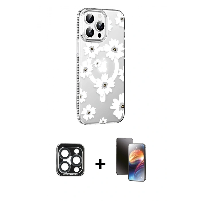 MARSİLYAN™- iPhone 15 Pro Max Kılıf Yörünge Işık Prime - Siyah 3D Antistatik Mat Seramik Nano Ekran Koruyucu + Lacivert PVD Metal Kamera Lens