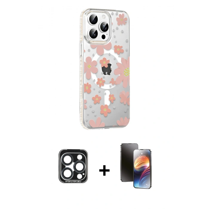 MARSİLYAN™- iPhone 15 Pro Max Kılıf Yörünge Işık Prime - Siyah 3D Antistatik Mat Seramik Nano Ekran Koruyucu + Lacivert PVD Metal Kamera Lens