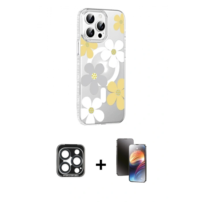 MARSİLYAN™- iPhone 15 Pro Max Kılıf Yörünge Işık Prime - Siyah 3D Antistatik Mat Seramik Nano Ekran Koruyucu + Lacivert PVD Metal Kamera Lens