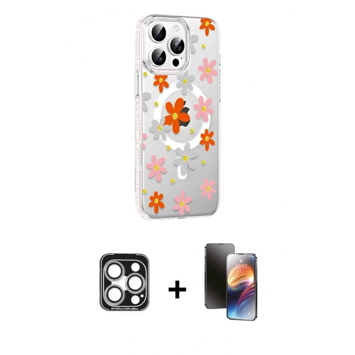 MARSİLYAN™- iPhone 15 Pro Max Kılıf Yörünge Işık Prime - Siyah 3D Antistatik Mat Seramik Nano Ekran Koruyucu + PVD Metal Kamera Lens - GS