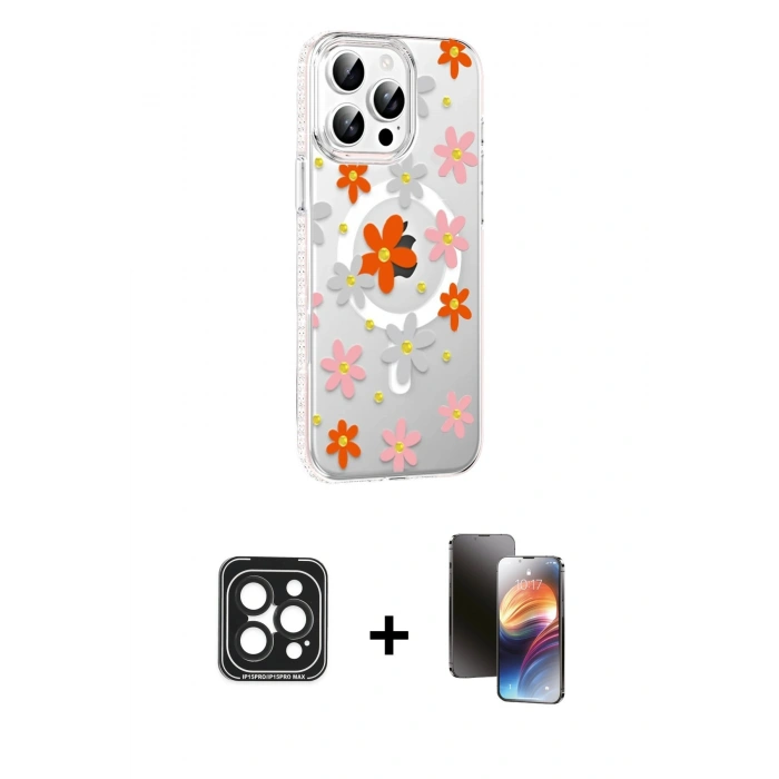 MARSİLYAN™- iPhone 15 Pro Max Kılıf Yörünge Işık Prime - Siyah 3D Antistatik Mat Seramik Nano Ekran Koruyucu + PVD Metal Kamera Lens - SH