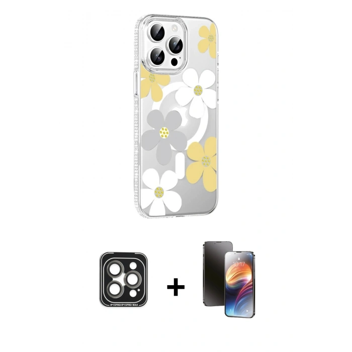 MARSİLYAN™- iPhone 15 Pro Max Kılıf Yörünge Işık Prime - Siyah 3D Antistatik Mat Seramik Nano Ekran Koruyucu + PVD Metal Kamera Lens - GI