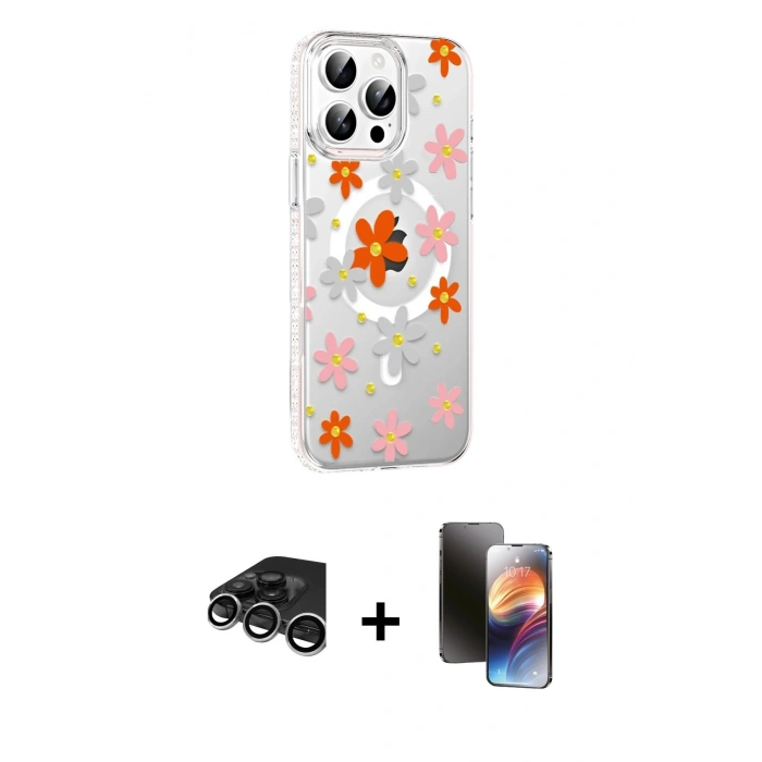 MARSİLYAN™- iPhone 15 Pro Max Kılıf Yörünge Işık Prime - Siyah 3D Antistatik Mat Seramik Nano Ekran Koruyucu + Raze Metal Kamera Lens - GS
