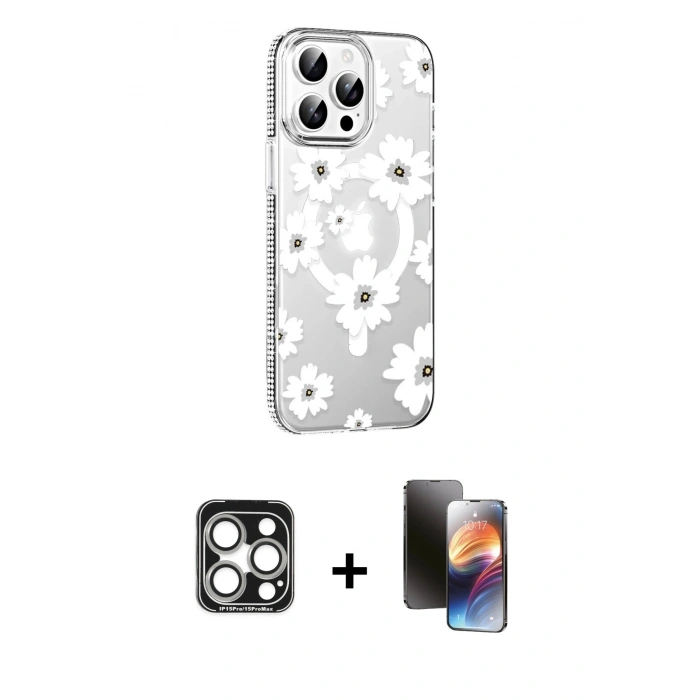 MARSİLYAN™- iPhone 15 Pro Max Kılıf Yörünge Işık Prime - Siyah 3D Antistatik Mat Seramik Nano Ekran Koruyucu + PVD Metal Kamera Lens - GS