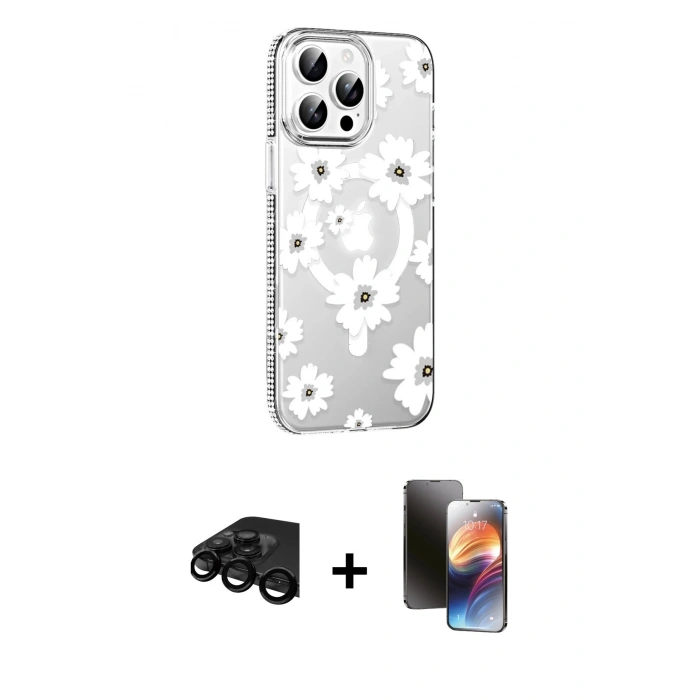 MARSİLYAN™- iPhone 15 Pro Max Kılıf Yörünge Işık Prime - Siyah 3D Antistatik Mat Seramik Nano Ekran Koruyucu + Siyah Raze Metal Kamera Lens