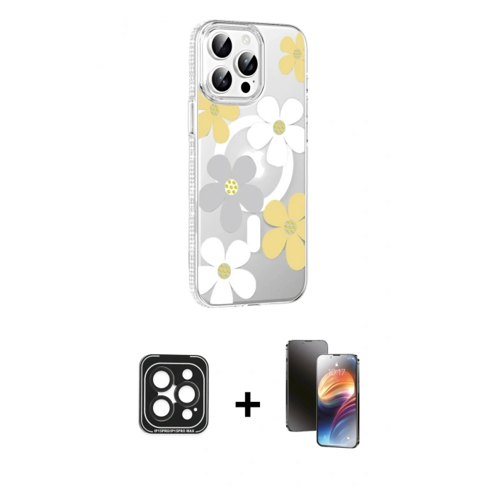 MARSİLYAN™- iPhone 15 Pro Max Kılıf Yörünge Işık Prime - Siyah 3D Antistatik Mat Seramik Nano Ekran Koruyucu + PVD Metal Kamera Lens - SH