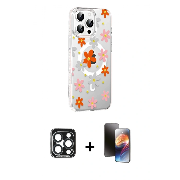 MARSİLYAN™- iPhone 15 Pro Max Kılıf Yörünge Işık Prime - Siyah 3D Antistatik Mat Seramik Nano Ekran Koruyucu + Lacivert PVD Metal Kamera Lens