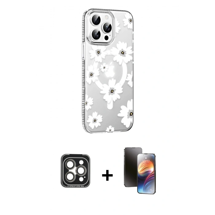MARSİLYAN™- iPhone 15 Pro Max Kılıf Yörünge Işık Prime - Siyah 3D Antistatik Mat Seramik Nano Ekran Koruyucu + PVD Metal Kamera Lens - GI
