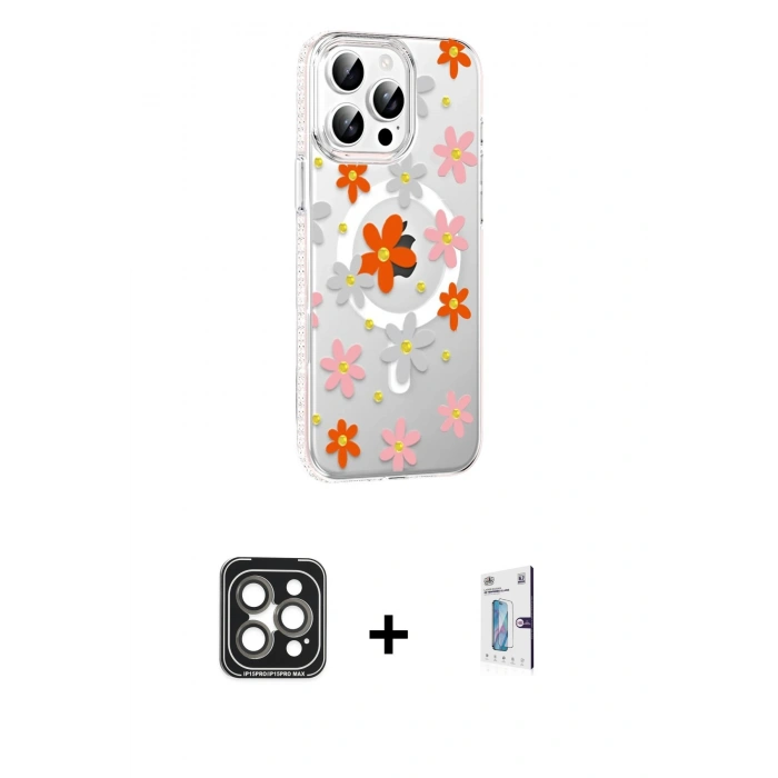 MARSİLYAN™- iPhone 15 Pro Max Kılıf Yörünge Işık Prime - Siyah Bilvis 0.18mm Plus Cam Ekran Koruyucu + Gri PVD Metal Kamera Lens