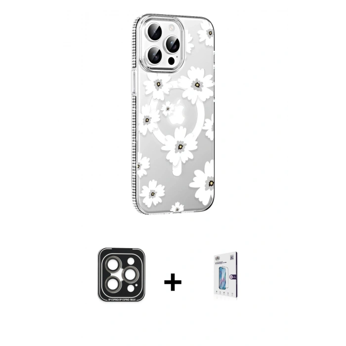 MARSİLYAN™- iPhone 15 Pro Max Kılıf Yörünge Işık Prime - Siyah Bilvis 0.18mm Plus Cam Ekran Koruyucu + Gri PVD Metal Kamera Lens