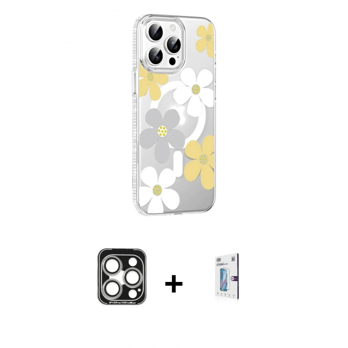 MARSİLYAN™- iPhone 15 Pro Max Kılıf Yörünge Işık Prime - Siyah Bilvis 0.18mm Plus Cam Ekran Koruyucu + PVD Metal Kamera Lens - GS