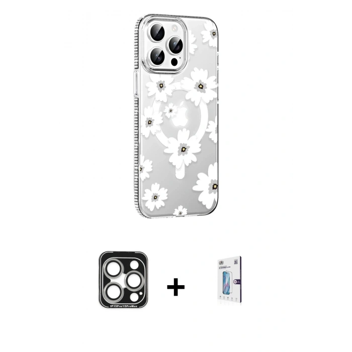 MARSİLYAN™- iPhone 15 Pro Max Kılıf Yörünge Işık Prime - Siyah Bilvis 0.18mm Plus Cam Ekran Koruyucu + PVD Metal Kamera Lens - GS