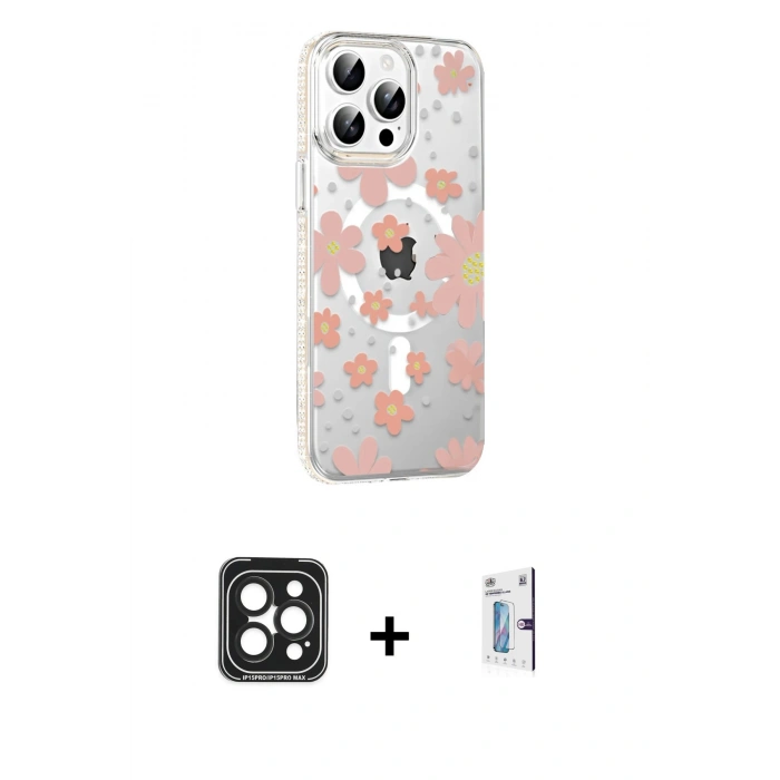 MARSİLYAN™- iPhone 15 Pro Max Kılıf Yörünge Işık Prime - Siyah Bilvis 0.18mm Plus Cam Ekran Koruyucu + PVD Metal Kamera Lens - SH