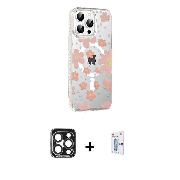 MARSİLYAN™- iPhone 15 Pro Max Kılıf Yörünge Işık Prime - Siyah Bilvis 0.18mm Plus Cam Ekran Koruyucu + PVD Metal Kamera Lens - LT