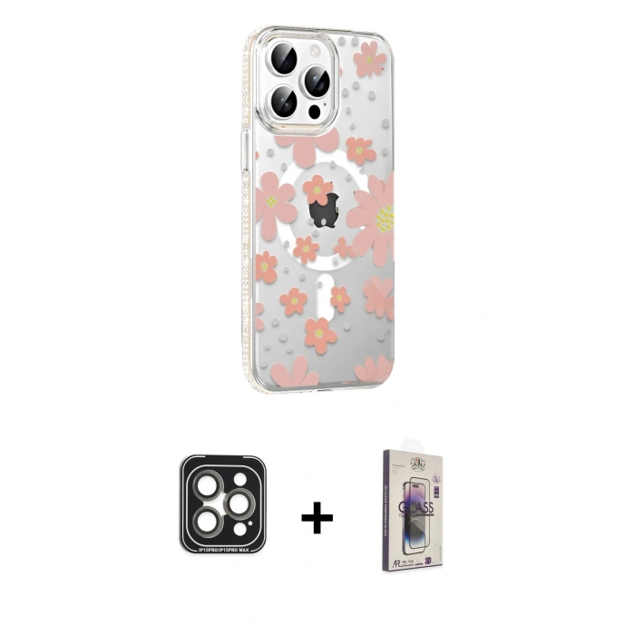 MARSİLYAN™- iPhone 15 Pro Max Kılıf Yörünge Işık Prime - Siyah Bilvis 3D Cam Ekran Koruyucu + PVD Metal Kamera Lens - GI