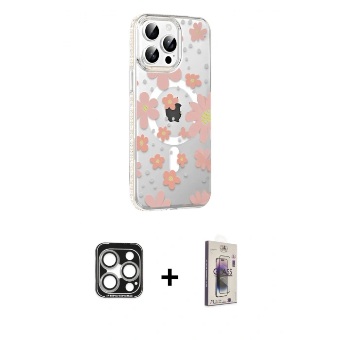 MARSİLYAN™- iPhone 15 Pro Max Kılıf Yörünge Işık Prime - Siyah Bilvis 3D Cam Ekran Koruyucu + PVD Metal Kamera Lens - GS