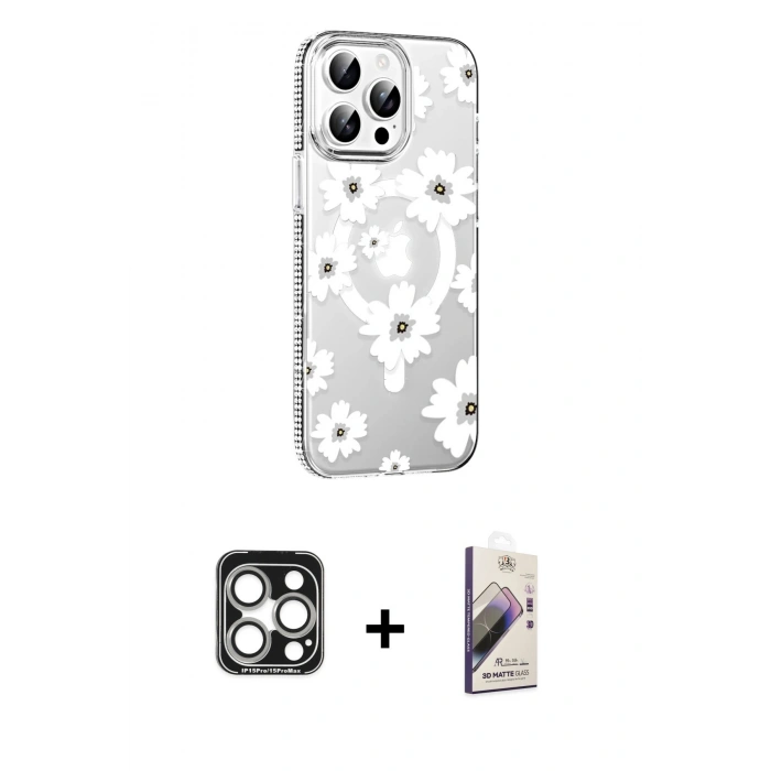 MARSİLYAN™- iPhone 15 Pro Max Kılıf Yörünge Işık Prime - Siyah Bilvis 3D Mat Cam Ekran Koruyucu + Gümüş PVD Metal Kamera Lens