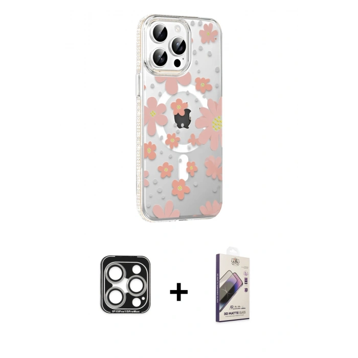 MARSİLYAN™- iPhone 15 Pro Max Kılıf Yörünge Işık Prime - Siyah Bilvis 3D Mat Cam Ekran Koruyucu + Gümüş PVD Metal Kamera Lens